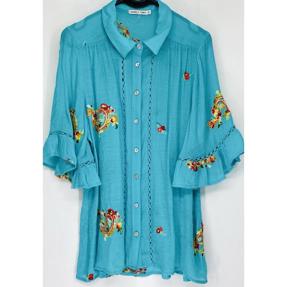 Figueroa & Flower XL Turquoise Embroidered Paisley Gauze Boho Btn Frnt Bell Slv - Picture 2 of 8
